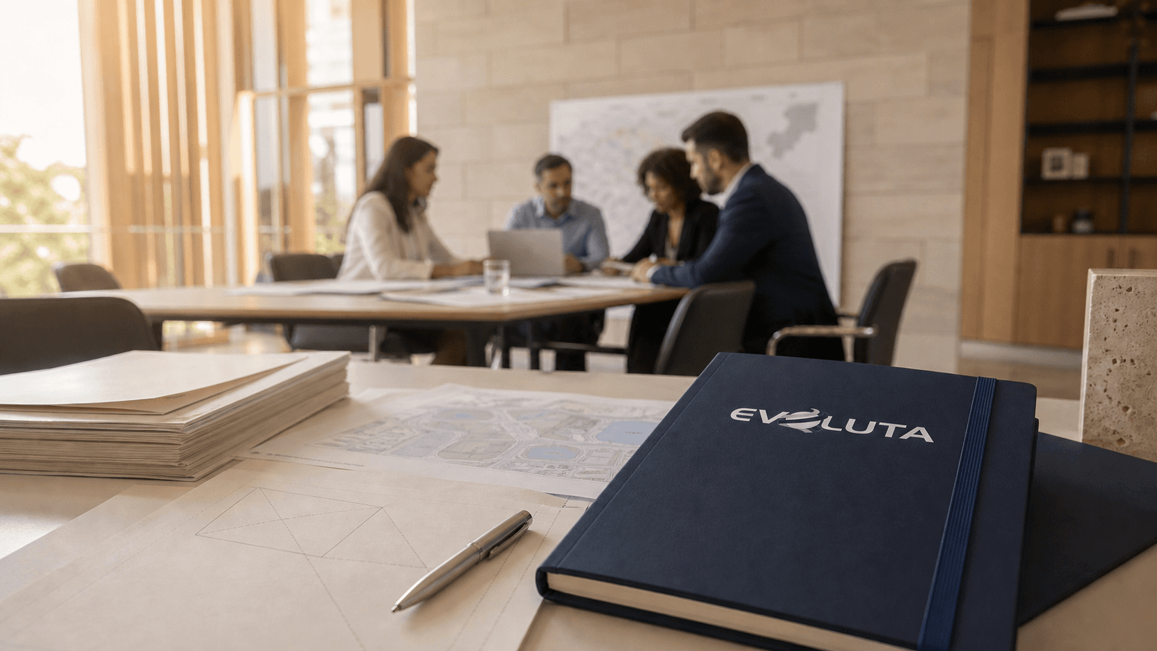 Equipe técnica em ambiente institucional com materiais Evoluta