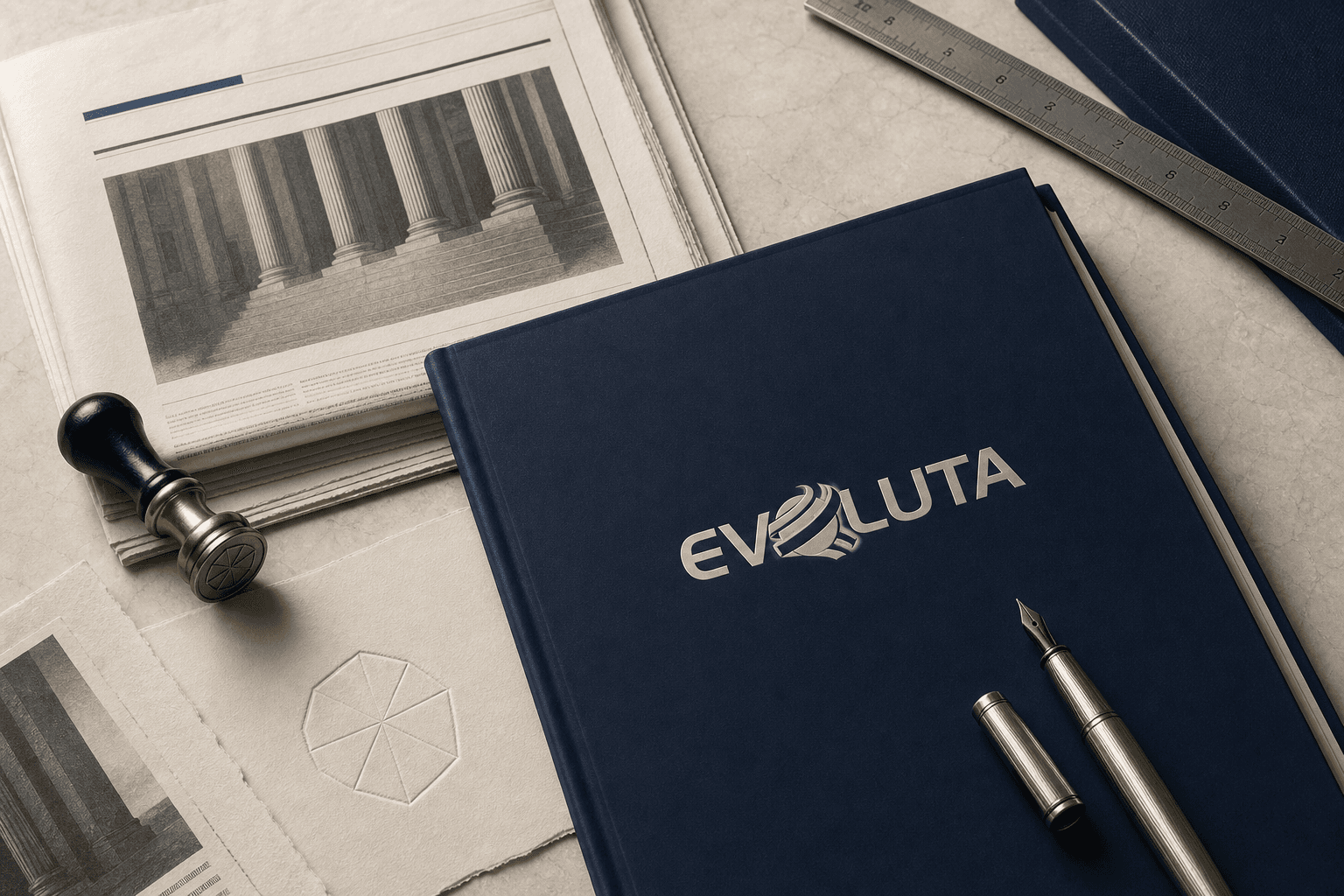 Mesa editorial com documentos seriados e pasta Evoluta