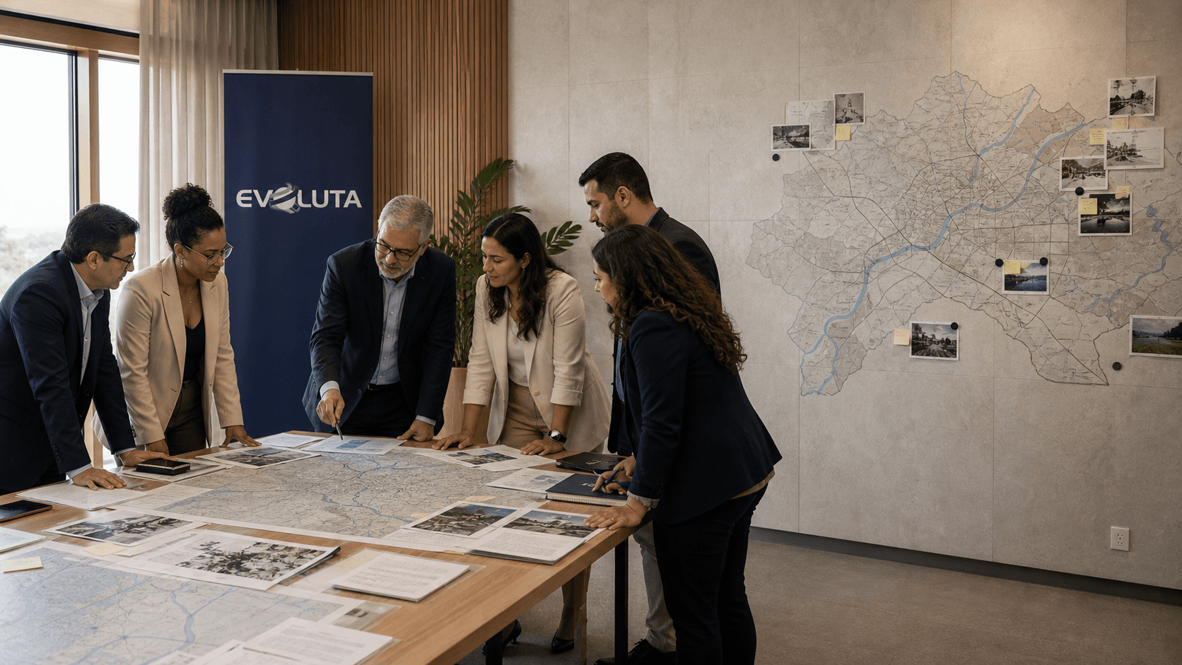 Equipe técnica analisando mapas territoriais com identidade Evoluta